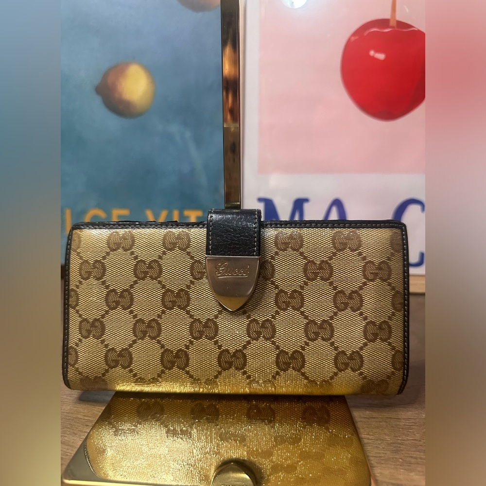 GUCCI Tri Fold Mongram Wallet Brown